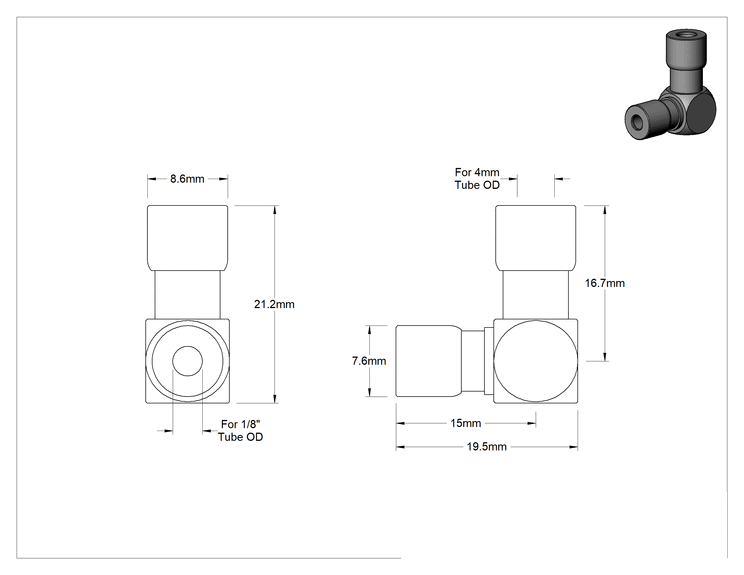 Teknik Çizim - Nikel Kaplı Pirinç Bas-Bağlan Tüp Bağlantı Elemanı, Hava için, 1/8" x 4 mm Dış Çaplı Boru için 90 Derece Dirsek Adaptörü