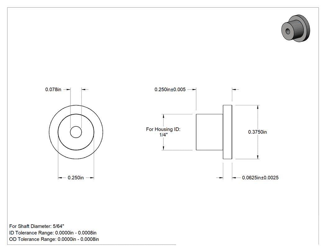 Teknik Çizim - Yağ Dolgulu 841 Bronz Flanşlı Burçlu Yatak, 5/64" Mil Çapı ve 1/4" Gövde İç Çapı için, 1/4" Uzunluk