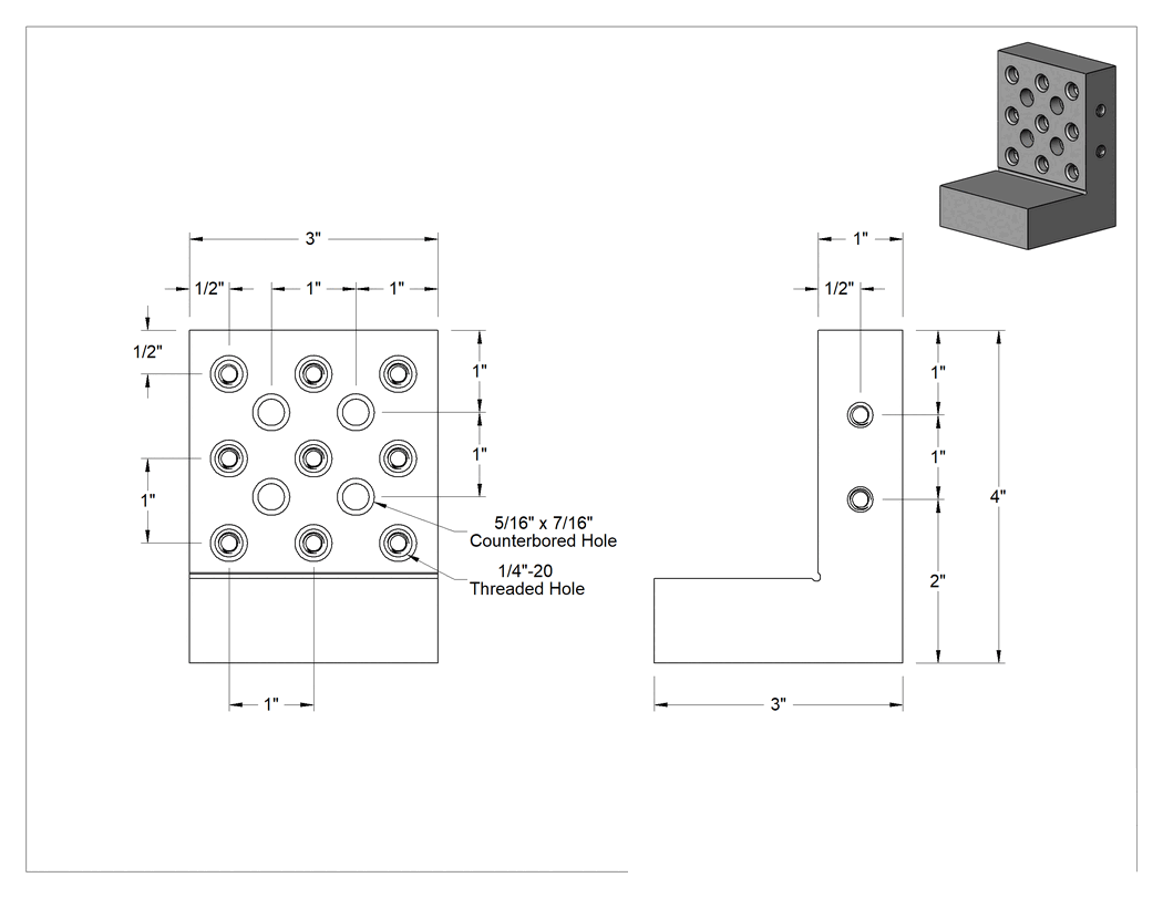 Teknik Çizim - Montaj Delikli Açılı Plaka, Sıkı Tolerans, 3" Uzunluk x 3" Genişlik x 4" Yükseklik