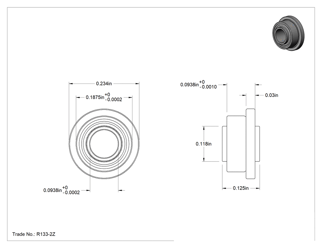 Teknik Çizim - Rulman, Flanşlı, Ekranlı, NO., R133-2Z, Uzatılmış İç Halka