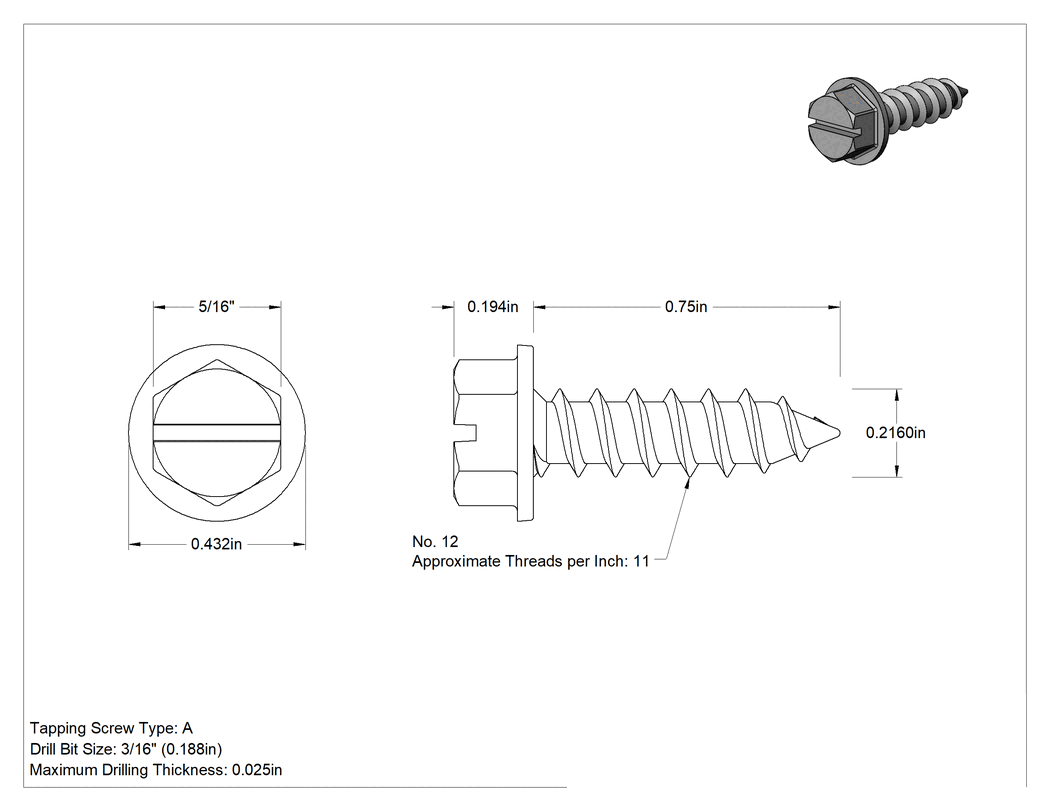 Teknik Çizim - Sac Metal için Flanşlı Altıköşe Başlı Vidalar, Süper Paslanma ve Aşınmaya Dayanıklı 316 Paslanmaz Çelik, 12 Numaralı Boyut, 3/4" Uzunluk