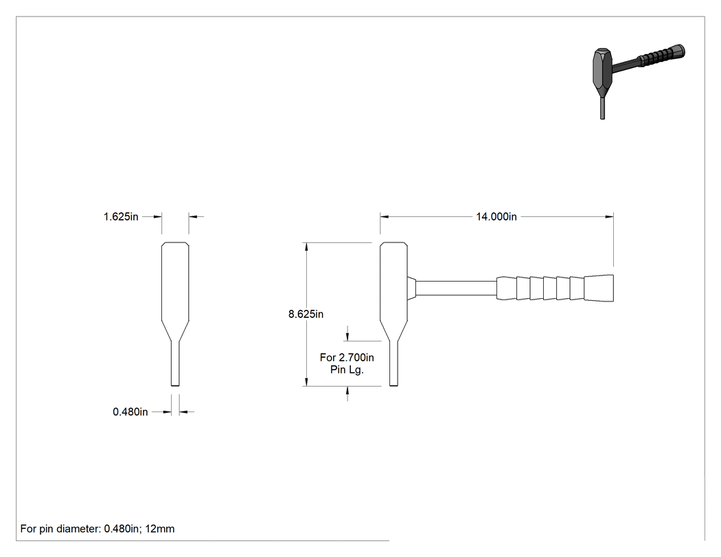 Teknik Çizim - Yan Saplı Pim Çıkarma Zımbası, Düz ve Yastıklı Tutamak, 31/64" ve 12 mm Çaplı Pimler için
