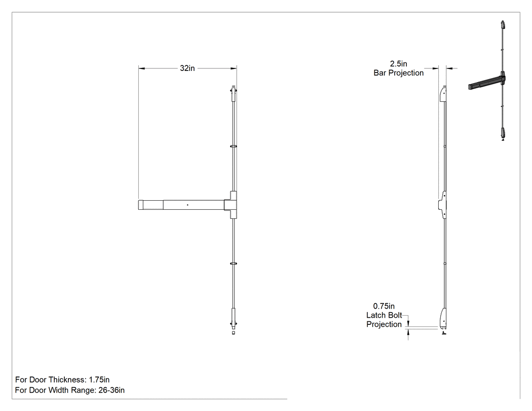 Teknik Çizim - Paslanma ve Aşınmaya Dayanıklı İtme Çubuğu, Trans Atlantic Ed-Vr531, 26" ila 36" Genişlikteki Kapılar için