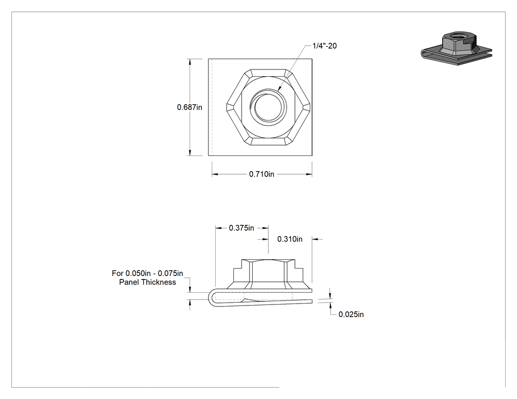 Teknik Çizim - Klipsli Somunlar, Yüksek Kavramalı, Siyah Fosfatlı Çelik, 1/4"-20 Diş Boyutu
