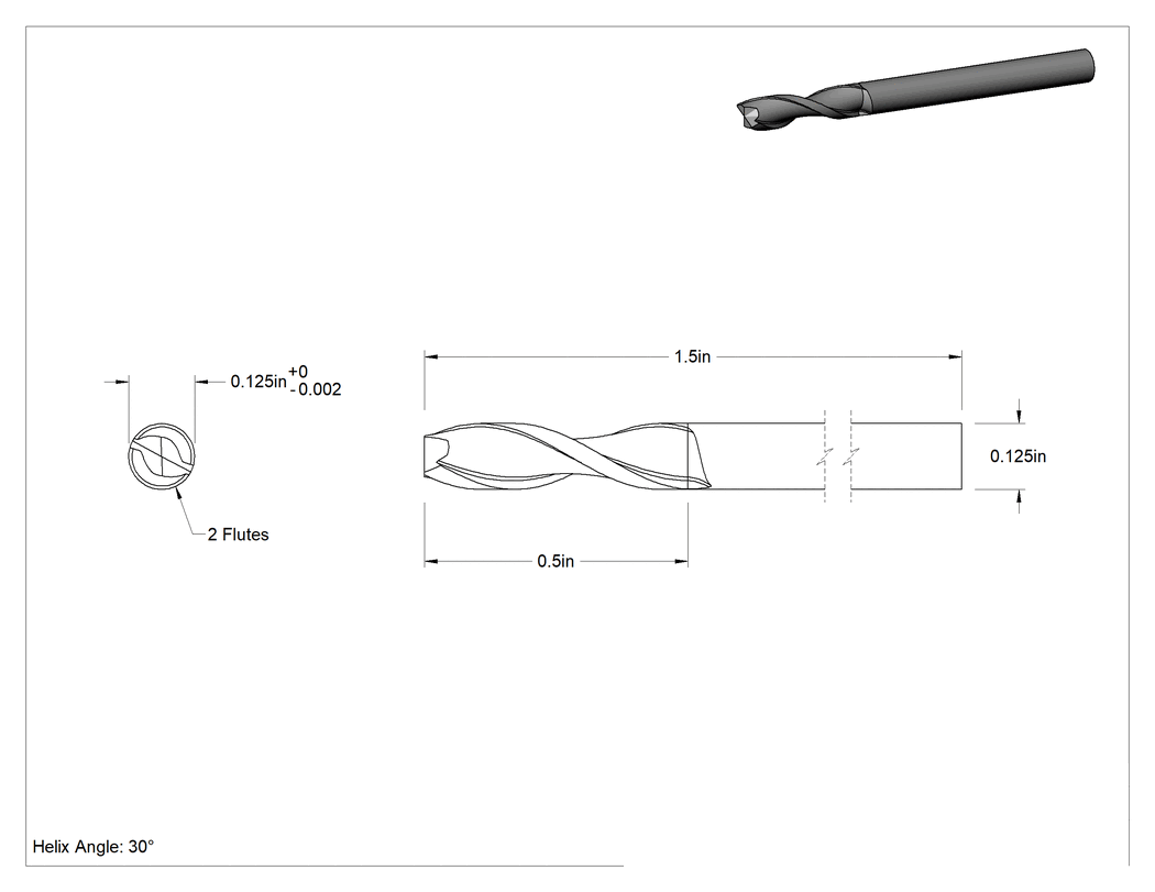 Teknik Çizim - TiN Kaplamalı Karbür Kare Uçlu Freze, 2 Yiv, 1/8" Freze Çapı, 1-1/2" Toplam Uzunluk