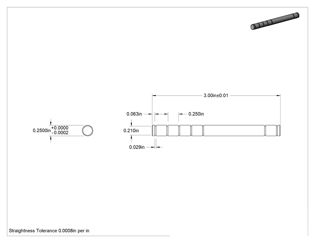 Teknik Çizim - Segman Yivli 303 Paslanmaz Çelik Döner Mil, Her İki Uçta, 1/4" Çap, 3" Uzunluk