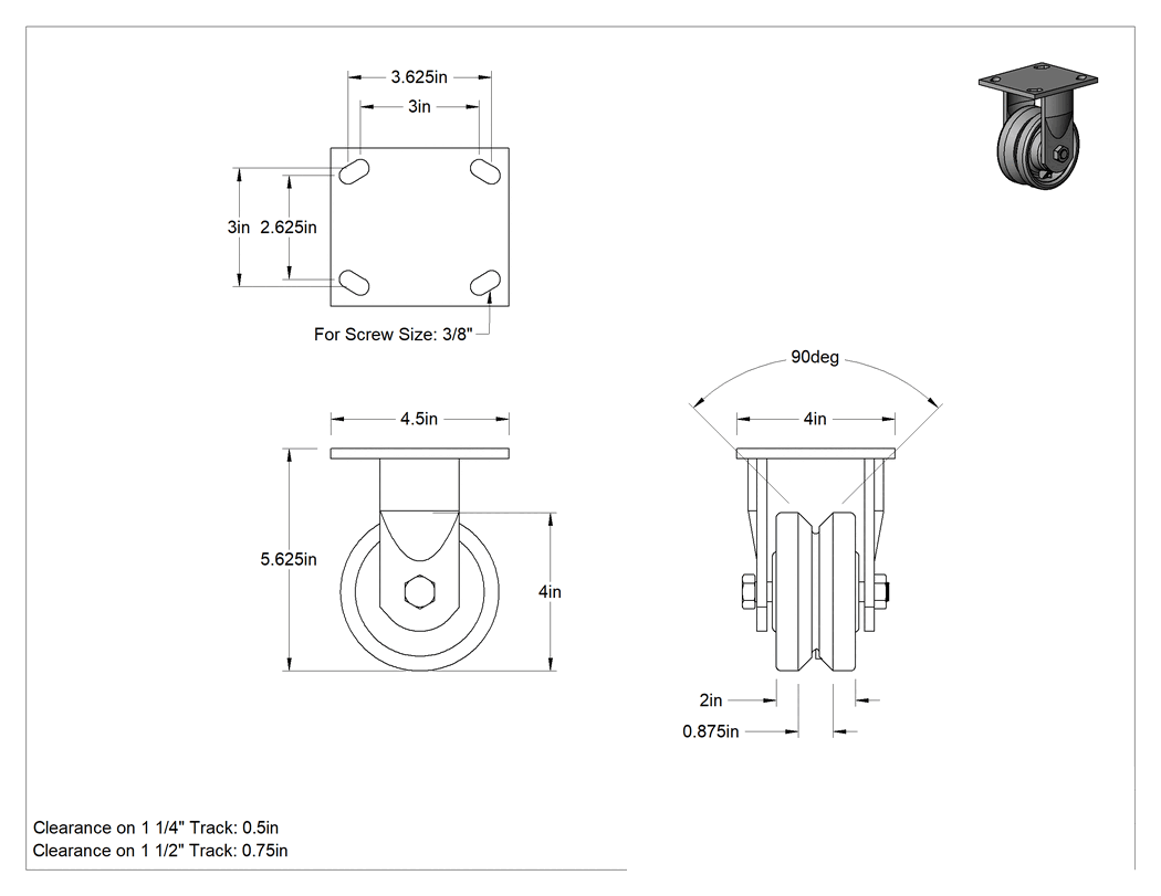 Teknik Çizim - Metal Tekerlekli Yüksek Kapasiteli V-Yivli Raylı Tekerler, 4-1/2" x 4" Plaka, 4" Çapında Tekerlekli Sert