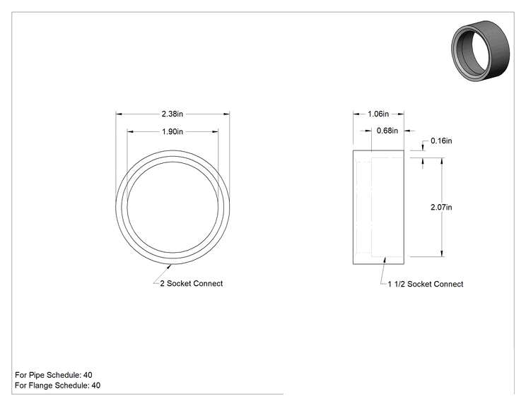 Teknik Çizim - Drenaj için Yer Üstü PVC Bağlantı Parçası, Atık ve Havalandırma, Burç Adaptörü, 2 Erkek x 1-1/2 Dişi Soket Bağlantısı