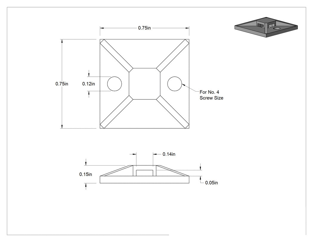 Teknik Çizim - Vidalı Kablo Bağı Montajı, Naylon, Dört yönlü, 0.14" x 0.05" Bağlantı için, Siyah