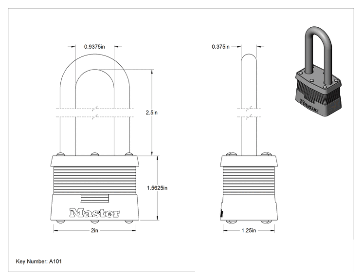 Teknik Çizim - Lamine Çelik Gövdeli Asma Kilit, Master Lock 5, #, A101 Anahtarlı, 2-1/2" Dikey Boşluk