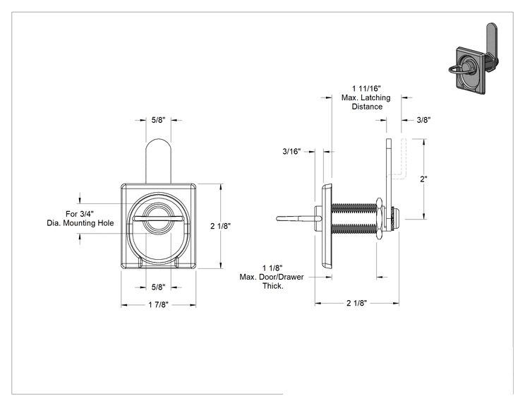 Teknik Çizim - Gömme Halka Tutamaklı Kam Mandalı, 1-1/8" Maksimum Kalınlık