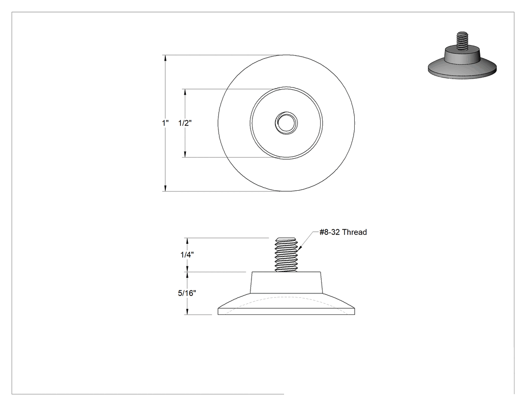 Teknik Çizim - Lastik Tabanlı Dişli Saplama Montajlı Koruyucu Ayak, 8-32 Diş Boyutu, 1/4" Diş Uzunluğu, 1" Taban Çapı