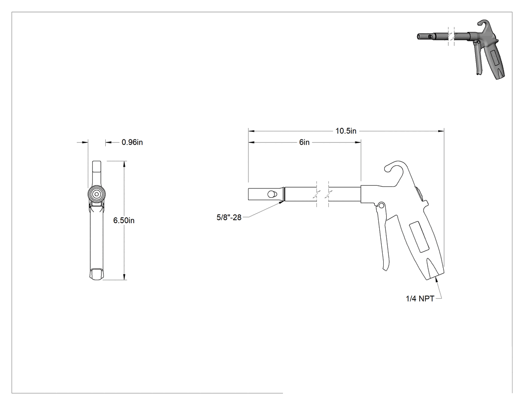 Teknik Çizim - Uzun Menzilli Yüksek Verimli Hava Tabancası, 6" Uzunlukta Nozul, 1/4 NPT Dişi Hava Girişi