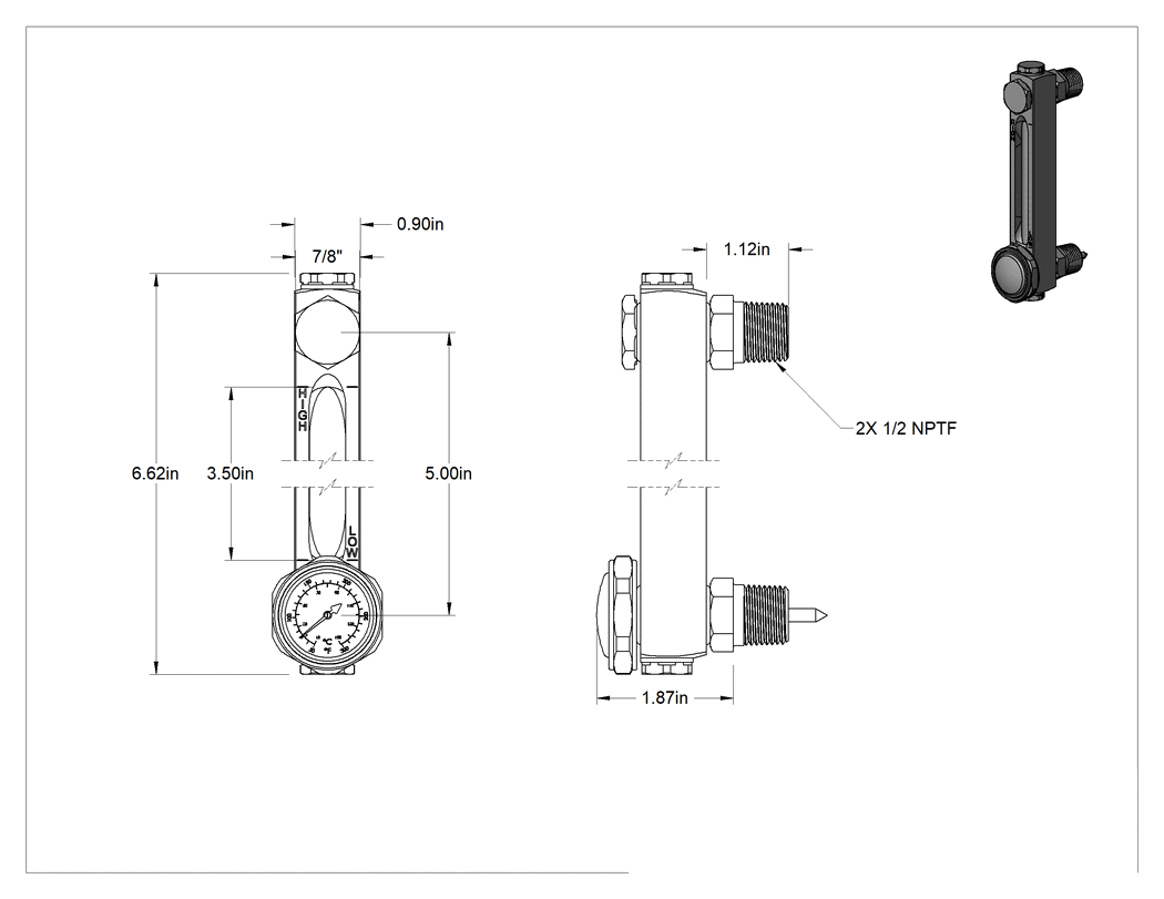 Teknik Çizim - Yüksek Basınçlı Yağ Seviyesi ve Sıcaklık Göstergesi, Vidalı Montaj, 1/2 NPTF Erkek, 5" Merkezden Merkeze