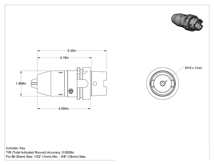 Teknik Çizim - HSK Konik Entegre Mil ile Matkap Mandrenleri, Anahtarlı, Hsk-63A Şaft, 1/32" ila 5/8" Uç Şaft Boyutu için