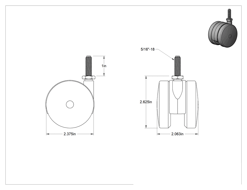 Teknik Çizim - Mobilya için Hafif Hizmet Tipi Döner Tekerlek, 5/16"-18 Dişli ve 2-3/8" Çap x 2-1/16" Genişlikte Naylon Tekerlek