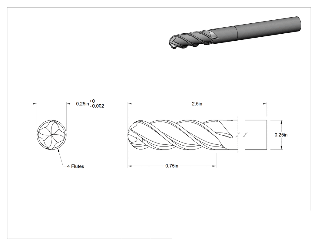 Teknik Çizim - Hızlı Kesim Karbür Uçlu Freze, Top Kesimi, TiAlN Kaplamalı, 1/4" Freze Çapı, 2-1/2" Toplam Uzunluk