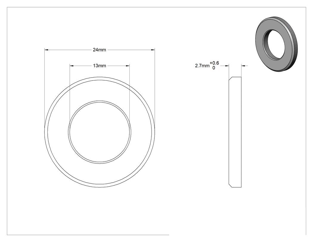 Teknik Çizim - Çelik Yapısal Pul, M12 Vida Boyutu için, 13.0 mm İç Çap, 24.0 mm Dış Çap