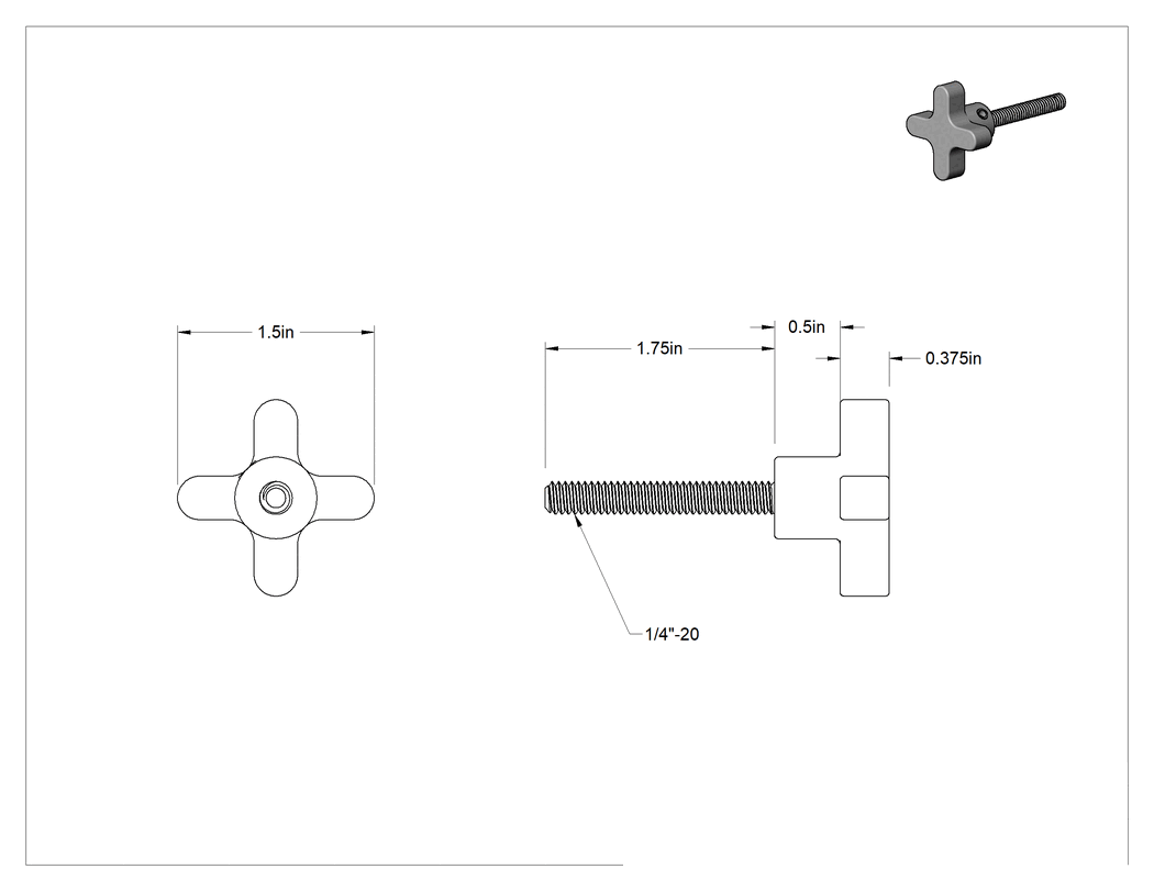 Teknik Çizim - Alüminyum dört kollu topuz, 1/4"-20 Dişli 1-3/4" Uzunlukta Saplamalı, 1-1/2" Genişlik Başlık