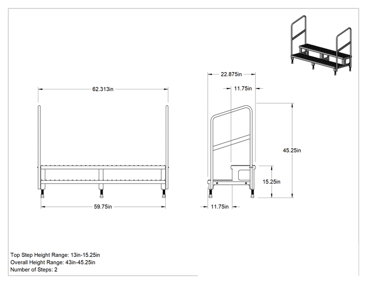 Teknik Çizim - Yüksekliği Ayarlanabilir Çalışma Platformu, 2 Basamak ve Korkuluk, 43"-45.25" Yükseklik x 62" Genişlik x 23" Derinlik Toplam