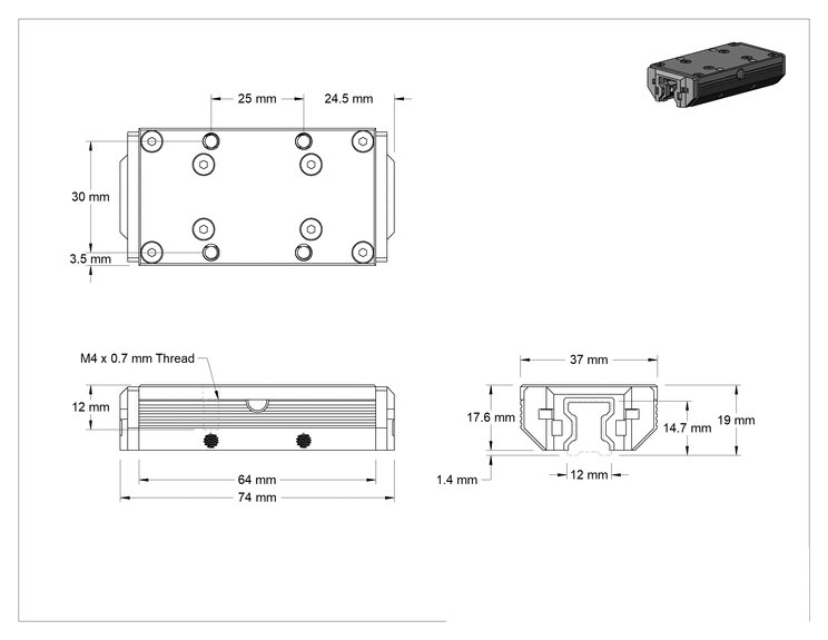 Teknik Çizim - Raylı Makaralı Taşıyıcı, Yüksek Yük, 12 mm Genişlikte Ray için