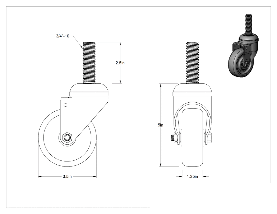 Teknik Çizim - Dişli Saplı Döner Tekerlek, 3/4"-10 Dişli ve 3-1/2" Çaplı Poliüretan Tekerlekli