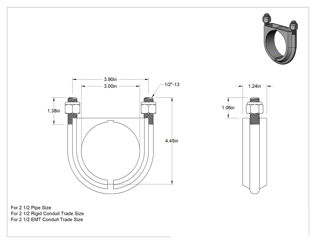 Teknik Çizim - Titreşim Sönümleyici U Cıvatası, Çinko Kaplı Çelik, 1/2"-13 Diş, 3" İç Çap,-65° ila 340°F