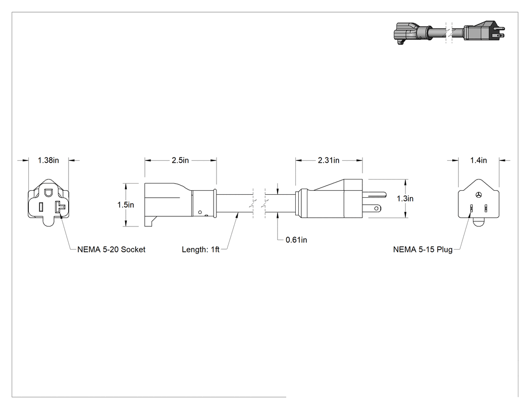 Teknik Çizim - NEMA 5-15 Fiş x NEMA 5-20 Priz Kablo Adaptörü