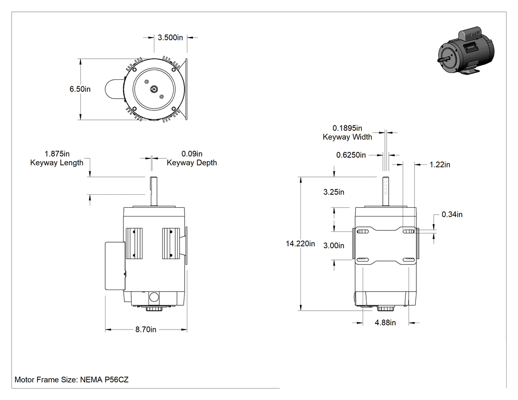 Teknik Çizim - Doğrudan Tahrikli Fan Motoru, 3-1/4" Uzunlukta Kamalı Mil, NEMA P56Cz, 850 rpm