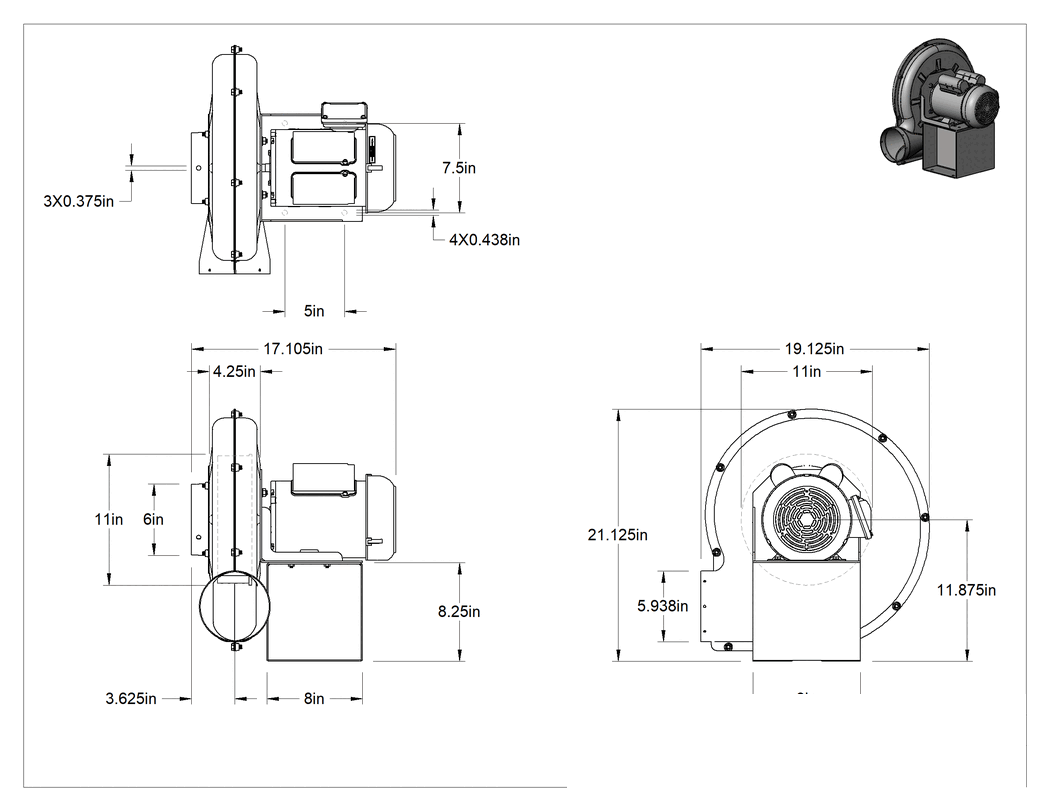Teknik Çizim - Yüksek Çıkışlı Üfleyici, Yuvarlak Çıkış, Tamamen Kapalı, 120/230V AC, 1 hp