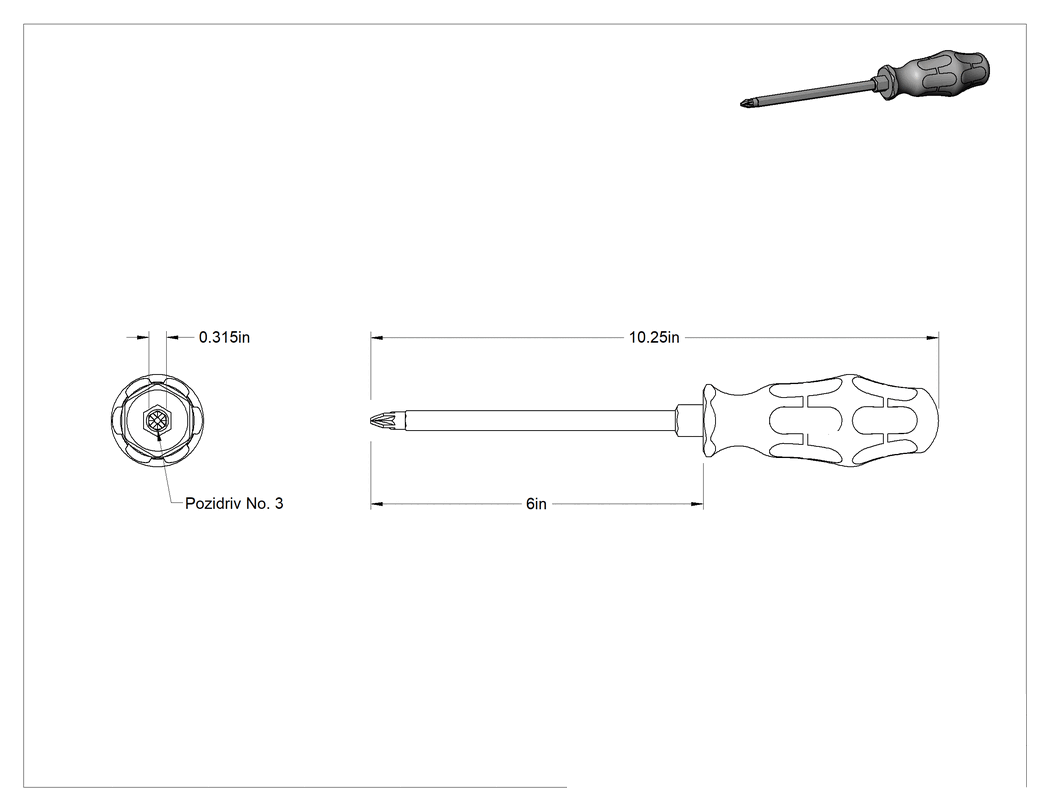 Teknik Çizim - Yivli Uçlu Tornavida, 3 Numaralı Pozidriv® Tahrik, 10-1/4" Toplam Uzunluk