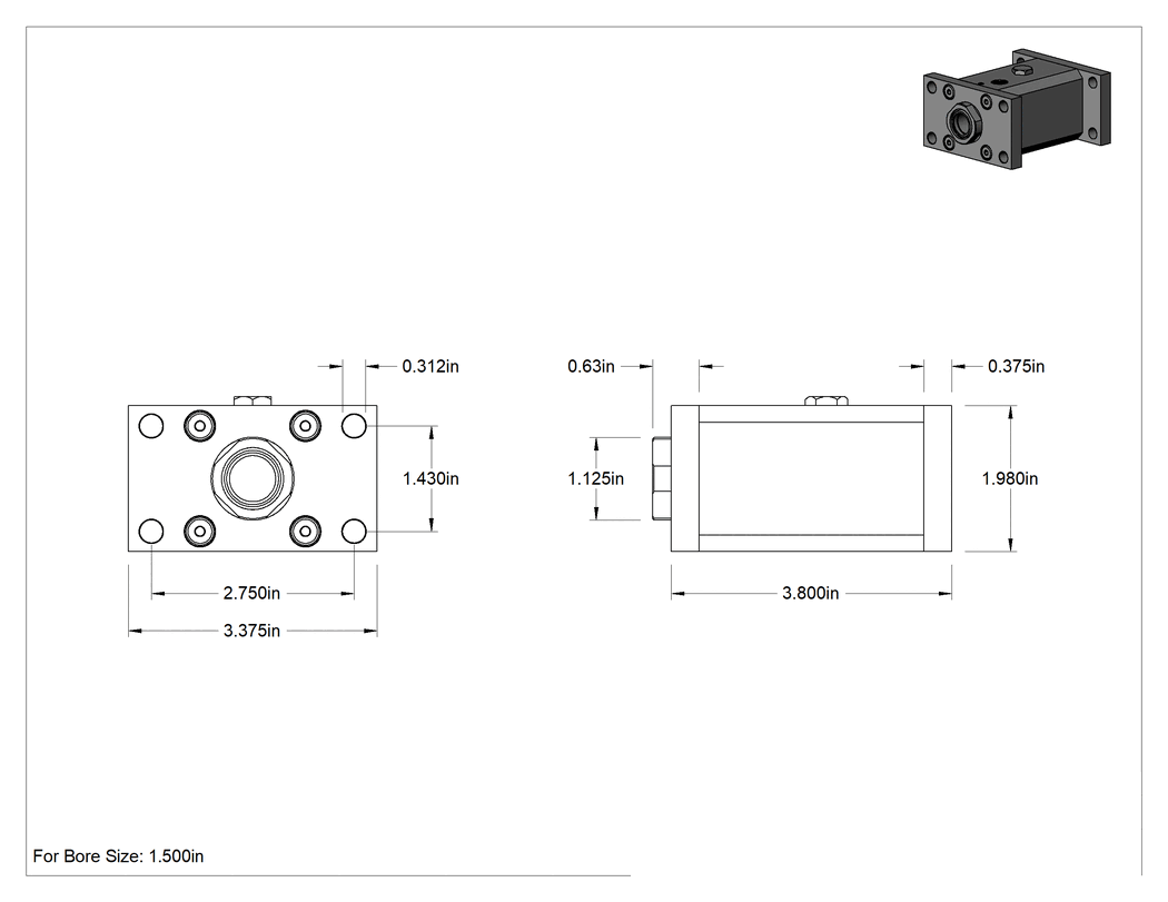 Teknik Çizim - 1-1/2" Çaplı NFPA Bağlantı Çubuğu Hava Silindirleri için Çubuk Kilidi