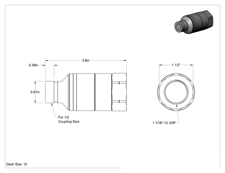 Teknik Çizim - Uluslararası Standart ISO Minimum Sızıntı Hortum Bağlantısı, Basınç Altında Bağlantı 1/2 Erkek Uç, 1-1/16"-12 UNF Dişi