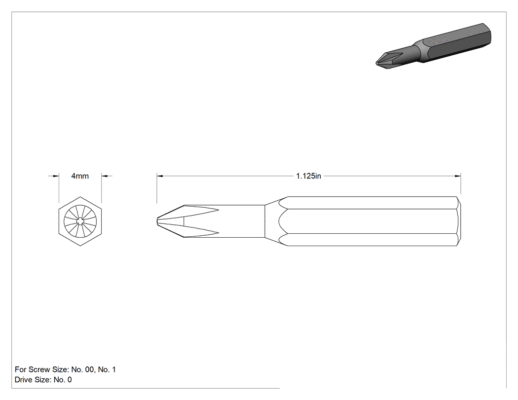Teknik Çizim - Numara 0 Phillips Ucu, 4 mm Altıgen Şaft