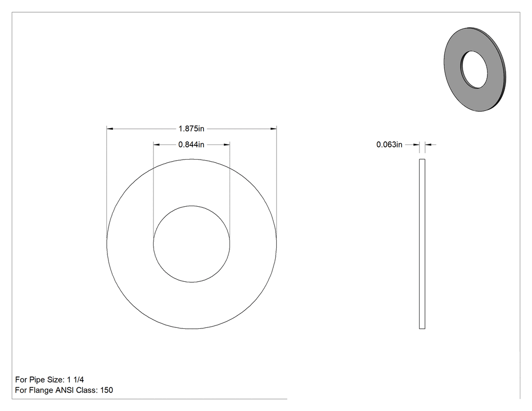 Teknik Çizim - Ultra Kimyasal Dayanıklı PTFE Conta, 1/2 Boru Boyutu için, ANSI Sınıf 150, 1/16" Kalınlık