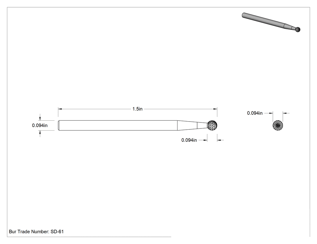 Teknik Çizim - Uzun Ömürlü Frezler, Bilye, Ürün No. SD-61, Çift Kesimli Diş