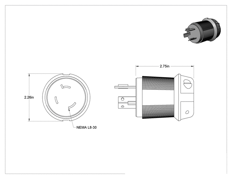 Teknik Çizim - Premium Dönme Kilitli Konektör, Üç bıçaklı fiş, Topraklanmış, NEMA L8-30