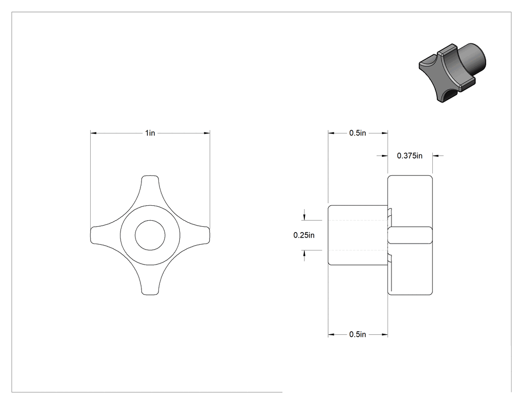 Teknik Çizim - Alüminyum dört kollu topuz, 1/4" Çaplı 1/2" Derinlikli Delikli