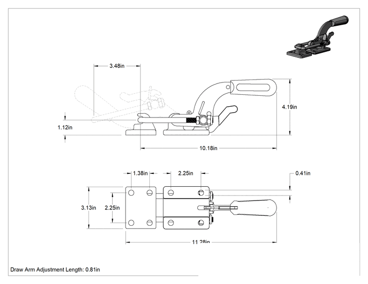 Teknik Çizim - Kilitli Tutamaçlı Mandal Tipi Mandal Kelepçe, U Tipi Kol, Çelik, 4000 lbs. Kapasite, 11-1/4" Toplam Uzunluk