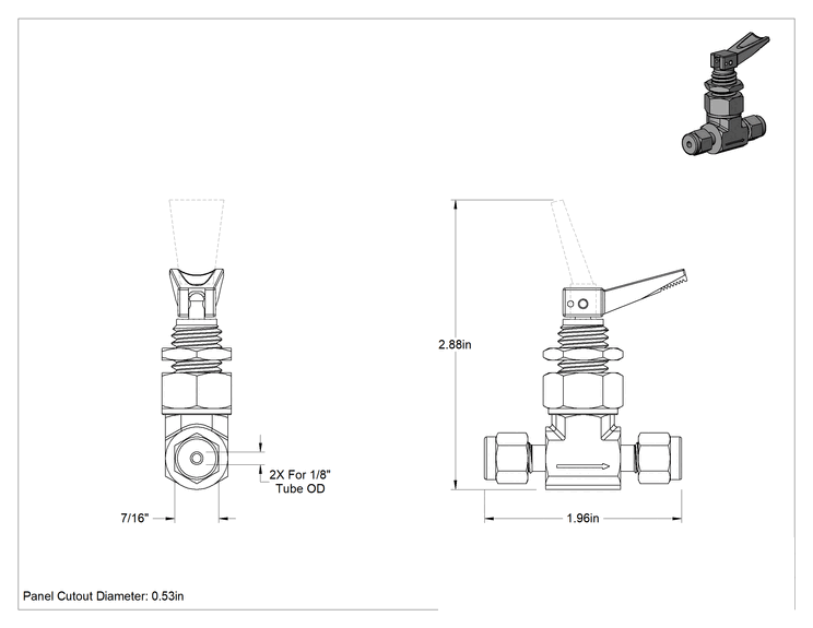 Teknik Çizim - Hızlı Etkili Panel Montajlı Açma/Kapama Vanası, 316 Paslanmaz Çelik Gövde, 1/8" Dış Çaplı Boru için Yor-Lok Bağlantı Parçası