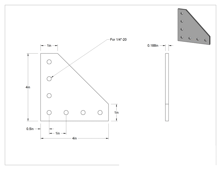 Teknik Çizim - T-Yivli Çerçeve, 1 inç Yüksekliğinde Ray için Gümüş 90 Derece Açılı Braket, 4" Uzunluk