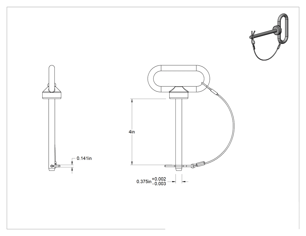 Teknik Çizim - Bağlı Döngü Tutucu Çatal Pimi, 1004-1045 Karbon Çelik, 3/8" Çap, 4" Kullanılabilir Uzunluk