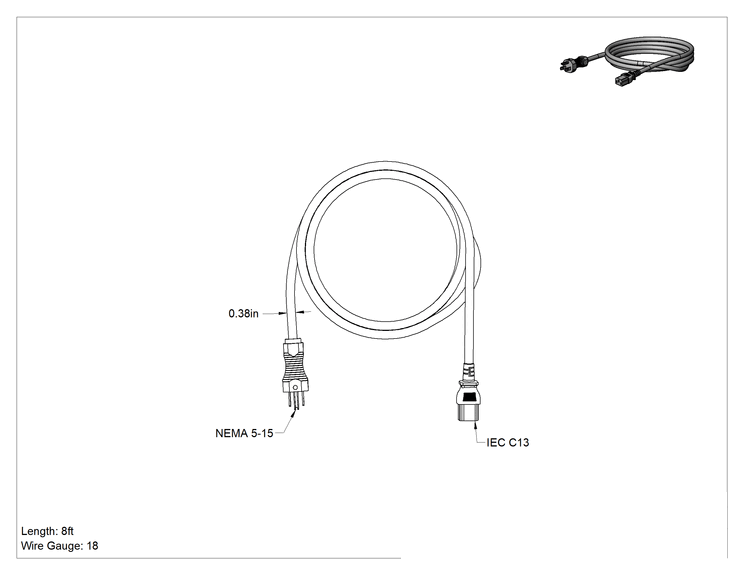 Teknik Çizim - Elektronik Ekipman Güç Kablosu, NEMA 5-15 Fiş x IEC C13 Priz, AWG 18, 8 Fit Uzunluk