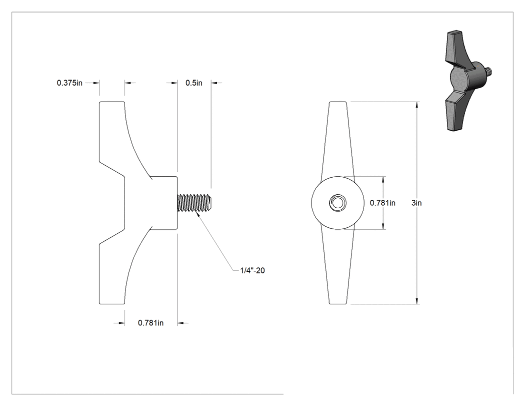 Teknik Çizim - İki Kollu Topuz, Naylon, 1/4"-20 Diş Boyutu x 1/2" Uzunlukta Çelik Saplama