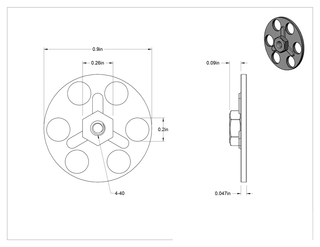 Teknik Çizim - Yapıştırıcıya Hazır Somun, 316 Paslanmaz Çelik, 4-40 Diş, 29/32" Taban Çapı, 1/4" Somun Genişliği