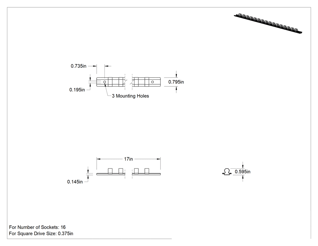 Teknik Çizim - Klipsli Ray Soket Düzenleyici, On altı adet 3/8" Kare Tahrik Soketi için