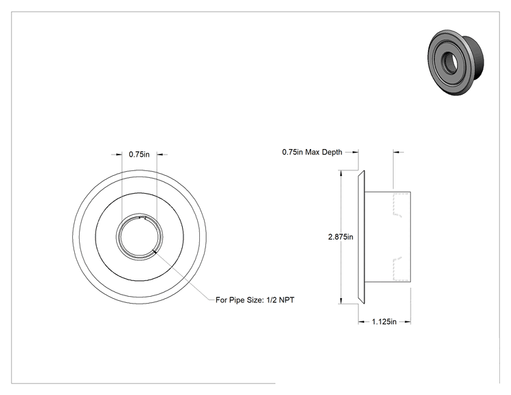 Teknik Çizim - 1/2 NPT Gömme Yangın Sprinkler Başlığı için 3/4 inç Derinlikli Kapak Plakası