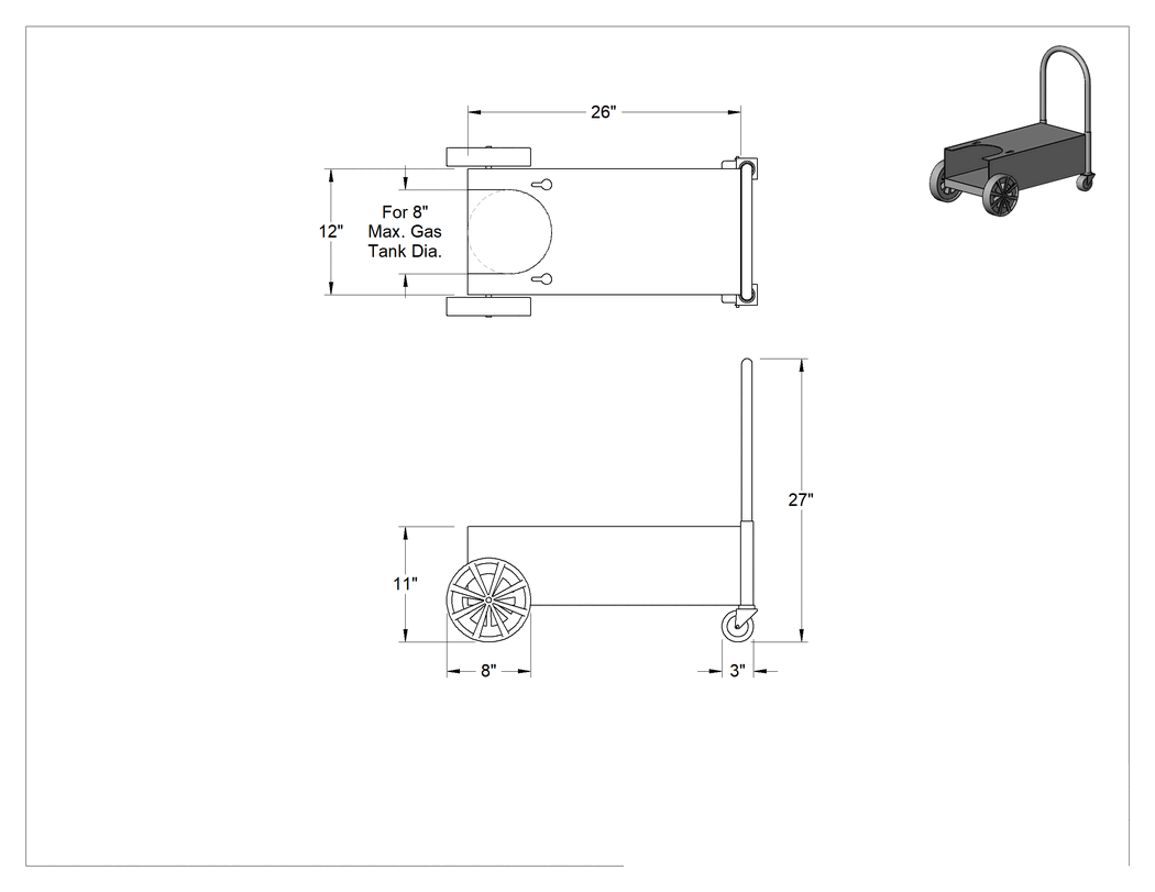Teknik Çizim - Kaynak Arabası, Gömme Raflı ve Çekirdek Tekerleklerde Dişli, 26" Uzunluk, 12" Genişlik