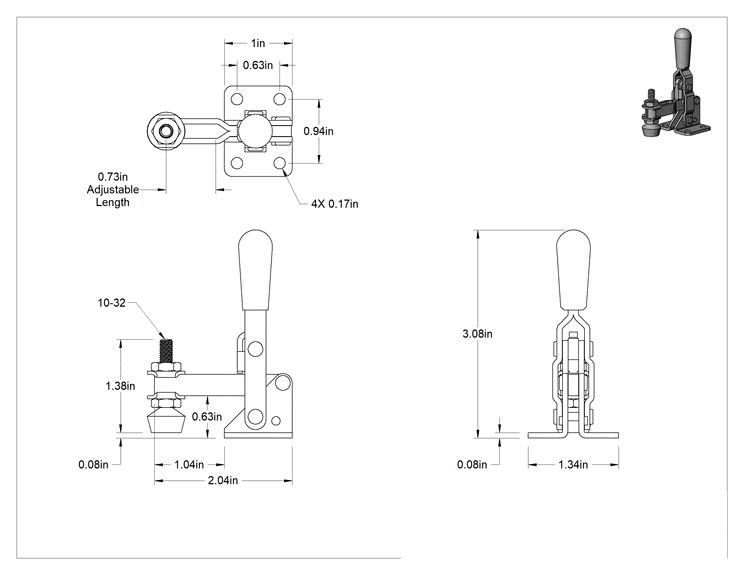 Teknik Çizim - Sabitleme Mandal Kelepçesi, Açık Kol, Çelik, 100 lbs. Tutma Kapasitesi, 2-1/8" Toplam Uzunluk