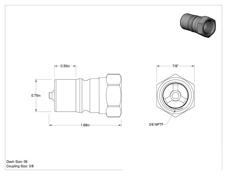 Teknik Çizim - Pirinç Uluslararası Standart ISO B Hortum Bağlantısı, Boyut 3/8, Erkek Uç, 3/8 NPTF Dişi Uç